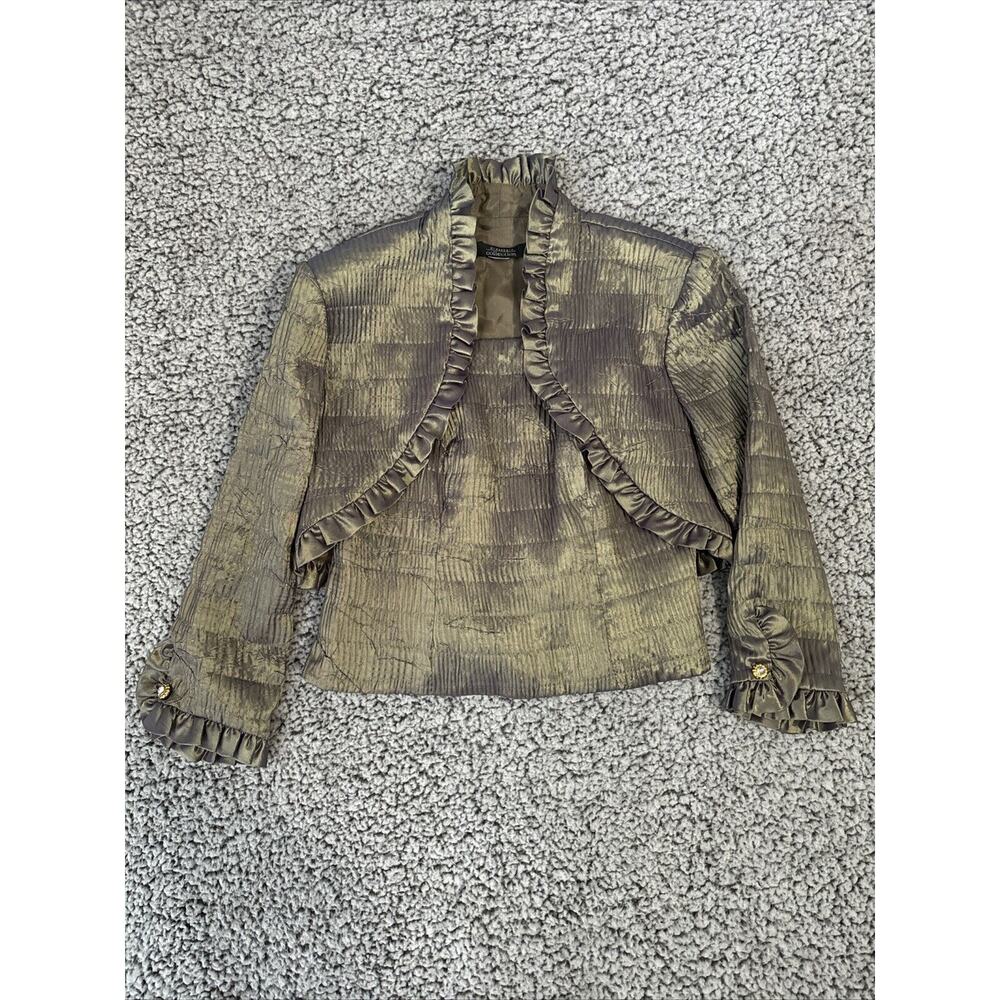 Dress barn Sz 6 Crop Blazer & Top 2 Pc Set Ruffle Long Sleeve Green Metallic